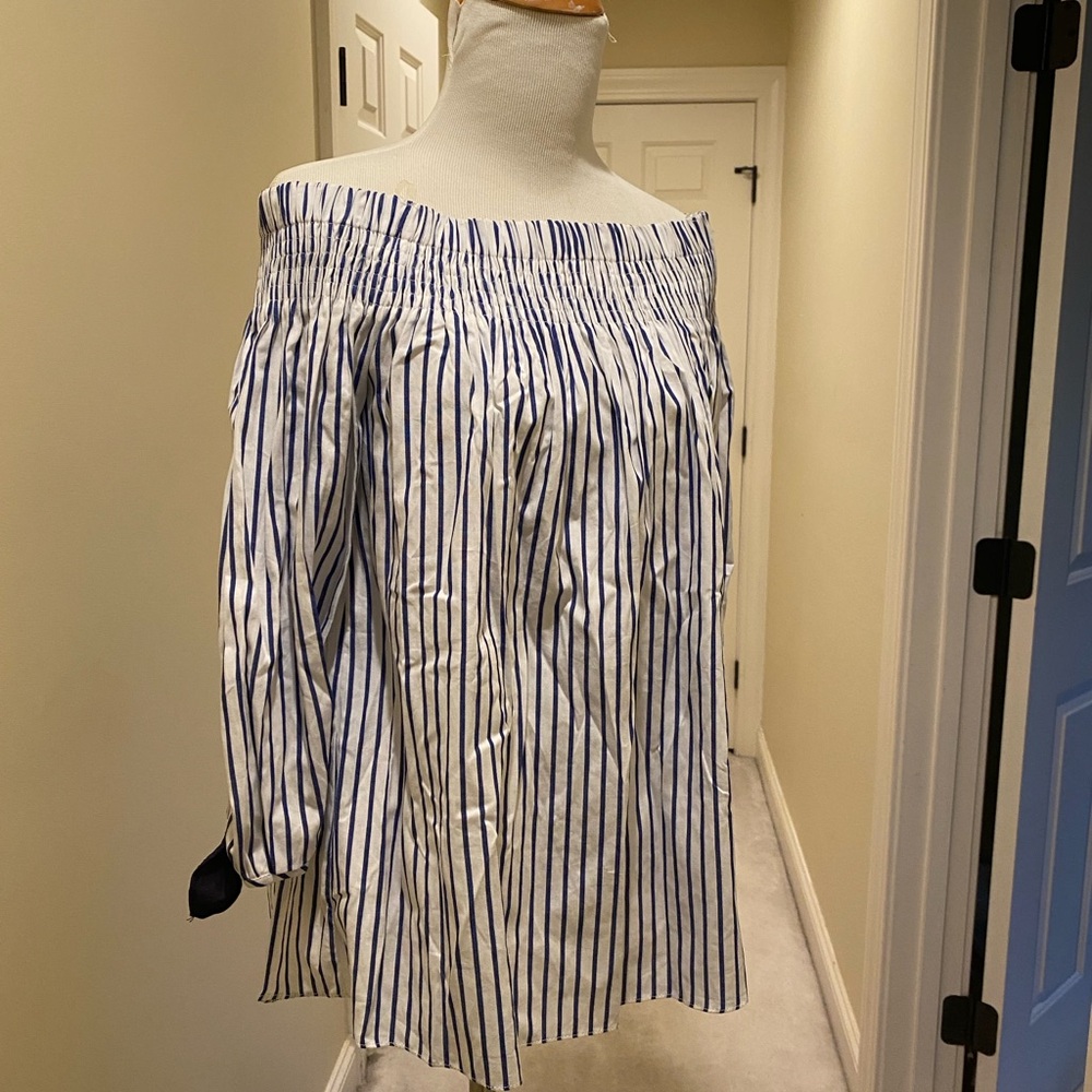 Blue and White Striped Off-Shoulder Skirt